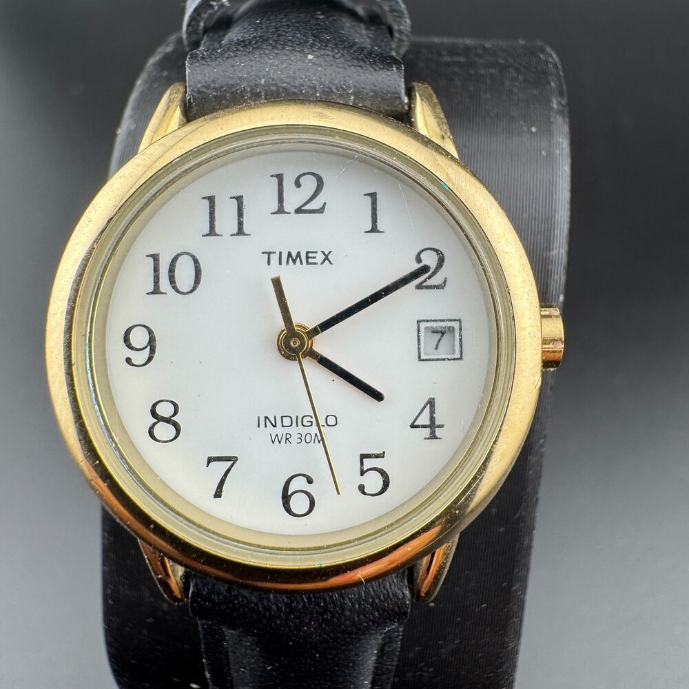 Timex Indiglo Ladies Watch Gold Tone Date Black Leather Band